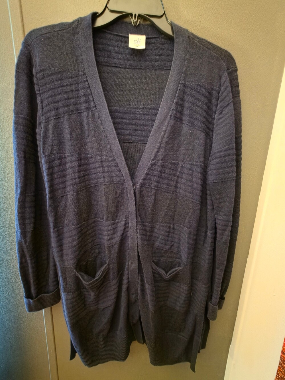 cabi Medium Navy Cardigan Sweater Textured Stripe Pattern
